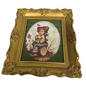 VTG Hummel Boy with Cat Sitting On Log Ornate Framed Art Print Victorian Style